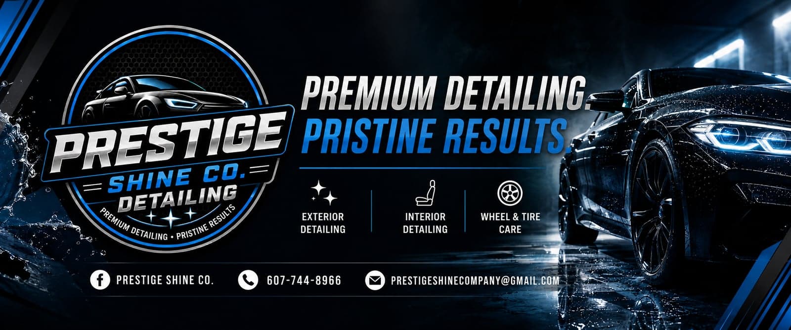 Prestige Shine Co. mobile auto detailing serving Endicott, Endwell and Broome County, NY. Premium Detailing. Pristine Results. Exterior detailing, interior detailing, wheel and tire care.